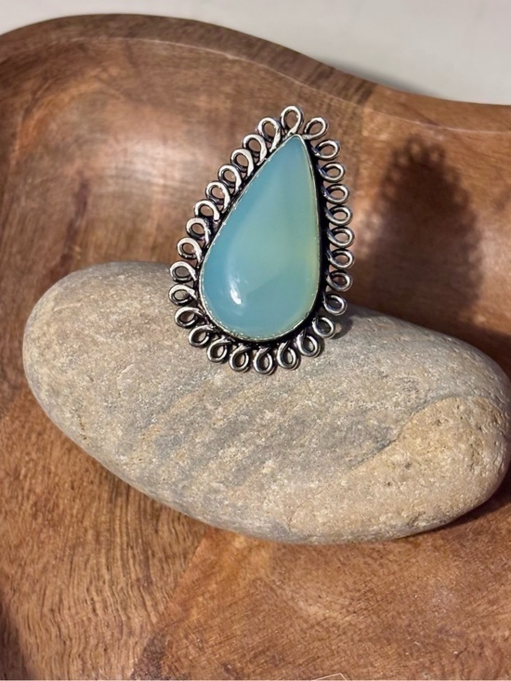 Celestial Tide Aqua Teardrop Statement Ring Sterling Silver Plated Size 6